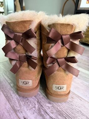 UGG Women's Chestnut Suede Bailey Bow Boots with Chocolate Bows